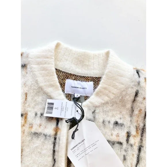 NWT CURRENT/ELLIOTT The Bets White Plaid Mohair Bomber Sweater Jacket, Size 0 - Picture 11 of 13
